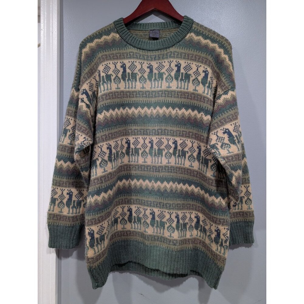 ARTESANIAS Los Incas Alpaca Sweater Pullover Green Tan Striped Long Sleeve Sz M? - Picture 2 of 16